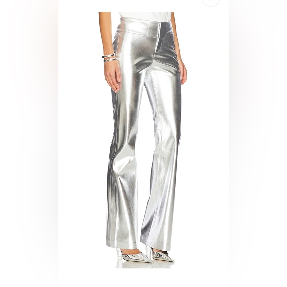 Alice + Olivia Faux Leather Fit Flare Pant in Silver